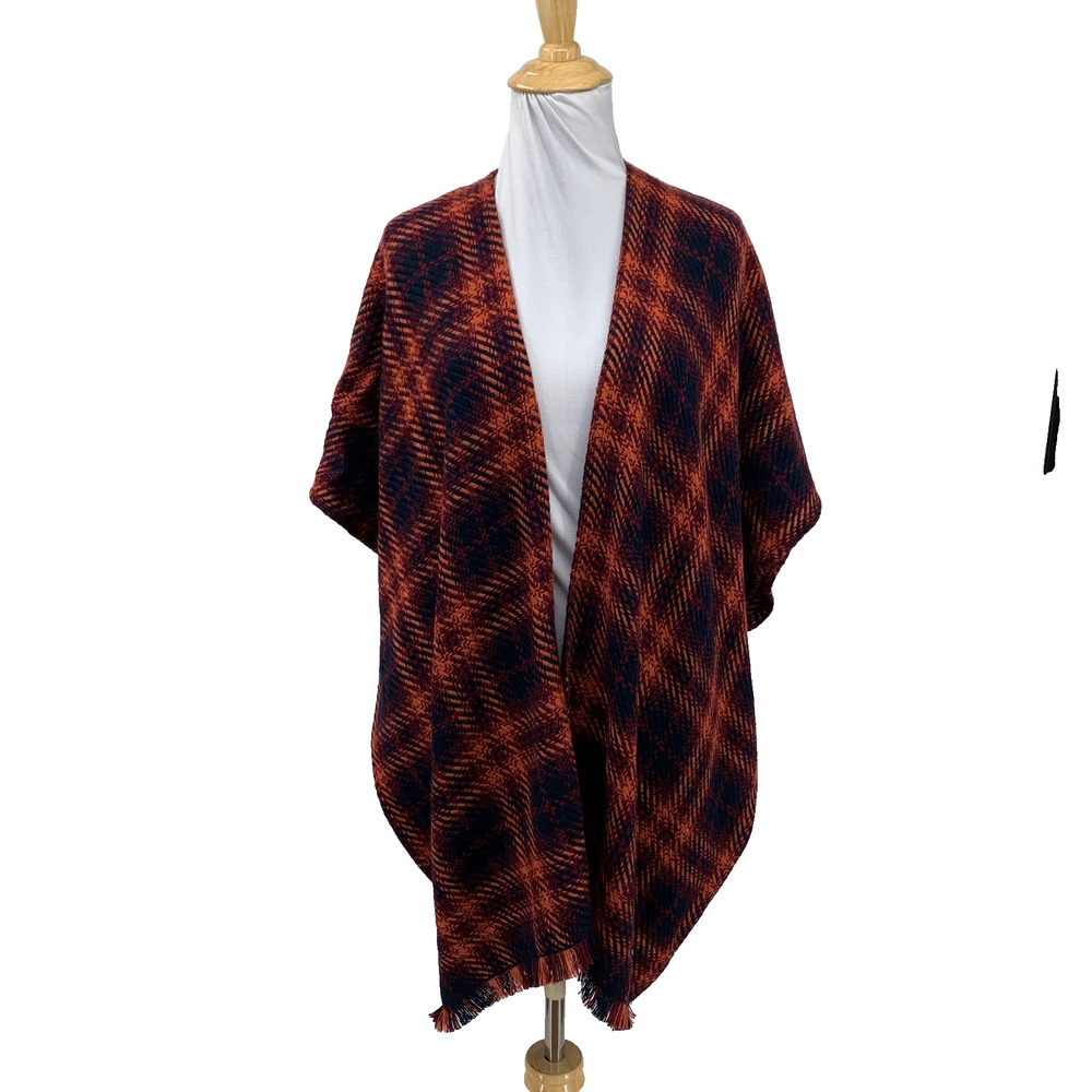 Loft Poncho Womens XS/S Multi Acrylic Plaid Fringe Hem Open Front Knit Wrap